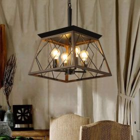 16" Walnut Industrial 4-Light Pendant Chandelier, Modern Metal Cage Design, Adjustable Hanging Light for Dining Room, Kitchen, Living Room (No Bu