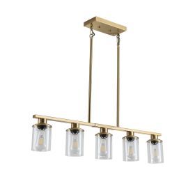 37" Modern Industrial 5-Light Chandelier with Clear Glass Shades, Golden Metal Frame Hanging Ceiling Light Fixture for Dining Room, Kitchen Islan