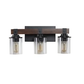 19" Rustic 3-Light Vanity Light, Industrial Bathroom Wall Sconce with Glass Shades and Wood Accent, Modern Farmhouse Lighting Fixture (No Bulbs)