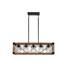 32" Walnut Industrial Farmhouse Rectangle Pendant Light, 5-Light Chandelier with Lampshades for Dining Room, Kitchen Island, Cafe Decor (No Bulbs