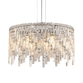 24" Luxurious Round Silver Crystal Chandelier, Contemporary Rectangular Pendant Light for Dining Room, Living Room