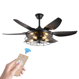 52" Modern Black Ceiling Fan with Light, 6 Fan Blades and Industrial Cage Design, Adjustable Speed for Living Room, Bedroom