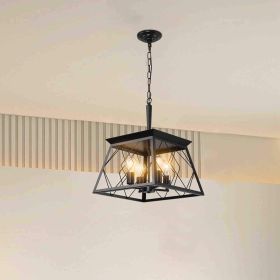 (Same as W1340111203/L1009) 16" Black Industrial 4-Light Pendant Chandelier, Modern Metal Cage Design, Adjustable Hanging Light for Dining Room