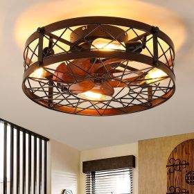 Caged Ceiling Fans with Lights Black, 20 inch Flush Mount Ceiling Fan Light, Farmhouse Small Ceiling Fan with Light Fixture