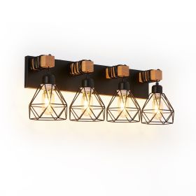 24" Modern Geometric 4-Light Vanity Light Fixture with Black Metal, Wooden Accents and Cage Lampshade for Bathroom, Bedroom