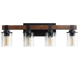 27" Rustic 4-Light Vanity Light, Industrial Bathroom Wall Sconce with Glass Shades and Wood Accent, Modern Farmhouse Lighting Fixture (No Bulbs)