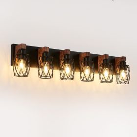 38" Industrial Vintage 6-Light Wall Sconce - Black Cage Wall Lighting Fixture with Wooden Accents for Bathroom, Hallway