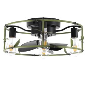 19" Green Industrial Ceiling Fan with Light - Flush Mount Caged Ceiling Fan with Remote, 3-Light Rustic Ceiling Fan