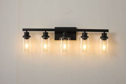 31" Modern Black 5-Light Bathroom Vanity Light Fixture, Industrial Wall Sconce with Clear Glass Shades for Mirror, Bathroom, Bedroom