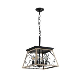 16" Oak Industrial 4-Light Pendant Chandelier, Modern Metal Cage Design, Adjustable Hanging Light for Dining Room, Kitchen, Living Room (No Bulbs
