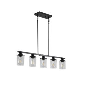 37" Modern Industrial 5-Light Chandelier with Clear Glass Shades, Matte Black Metal Frame Hanging Ceiling Light Fixture for Dining Room