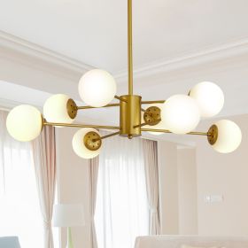 35" Modern 8-Light Gold Chandelier with White Glass Globe Shades, Mid-Century Branching Design, Elegant Ceiling Light Fixture for Dining Room