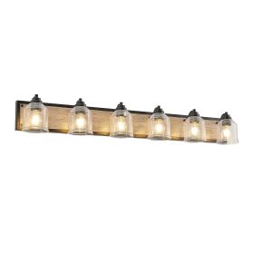 49" Farmhouse Vanity Light Fixture, 6-Light Bathroom Wall Sconce with Clear Seeded Glass Shades, Black and Wood Grain Finish