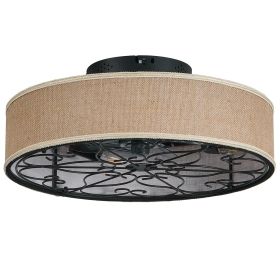 20 Inch Caged Ceiling Fans with Lights Flush Mount,Low Profile Fabric Farmhouse Bladeless Ceiling Fan with Remote (Main Color: Black, Main Material: Iron)