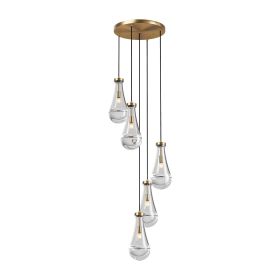 5 Light Cluster Pendant Light, Brass High Ceiling Chandeliers Adjustable, Living Room Pendant Light, Foyer Chandeliers, Stairwell Pendant Lights (Main Color: Gold, Main Material: Iron)
