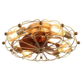 Low Profile Caged Ceiling Fan with Lights Remote Control, Embedded modern industrial ceiling fan (Main Color: Gold, Main Material: ABS)