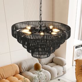 24" Rustic 5-Tier Black Hemp Rope Pendant Light Chandelier with 8 E12 Sockets, Boho Farmhouse Ceiling Fixture for Dining Room, Kitchen (Main Color: Black, Main Material: Iron)
