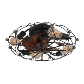 Low Profile Caged Ceiling Fan with Lights Remote Control, Embedded modern industrial ceiling fan (Main Color: Black, Main Material: Iron)