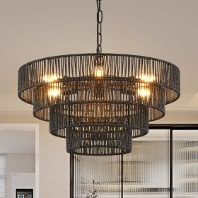 20" Rustic 4-Tier Black Hemp Rope Pendant Light Chandelier with 6 E12 Sockets, Handmade Tiered Boho Ceiling Light Fixture for Dining Room, Kitche (Main Color: Black, Main Material: Iron)