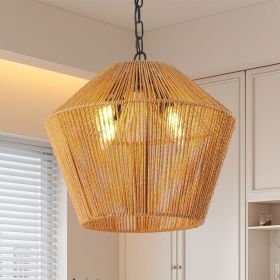 17" Boho Hemp Rope Pendant Light, Handcrafted Farmhouse Hanging Light Fixture for Kitchen Island, Dining Room, or Bedroom, Natural Finish (Color: Wood, Material: Iron)